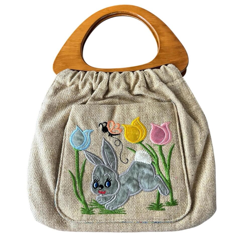 Embroidered Bunny Beige Handbag Easter Purse Rabbit Flowers Cute Spring